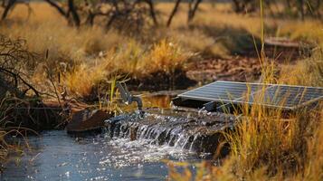 A solarpowered water pump providing a vital source of hydration for a variety of wildlife in a dry conservation area photo