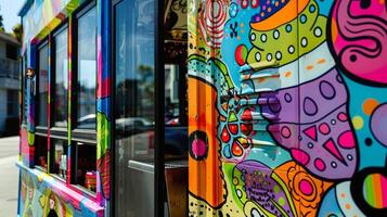 The vibrant artwork on the side of the solarpowered ice cream cart catches the eye of a passerby luring them in for a tasty treat photo