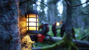A closeup of a solar powered lantern hanging from a tree and providing a soft light for hikers to gather around and share stories photo