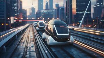 A city skyline with several autonomous cars zooming across the streets powered by the citys many solarpowered charging stations photo