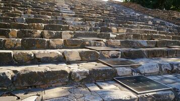 An ancient amphitheater with solar panels installed on the top tiers paving the way for an ecofriendly future without compromising its cultural significance photo