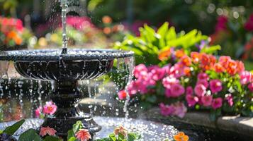 A tranquil garden setting showcasing a solarpowered fountain its vibrant flowers and lush greenery creating a beautiful backdrop photo