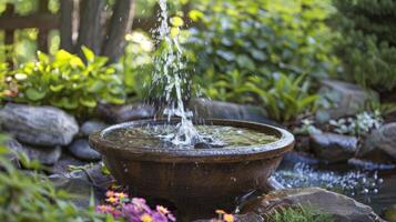 A rustic garden scene a solarpowered water fountain blending seamlessly into its natural surroundings with a hint of oldworld charm photo