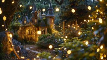 A magical garden surrounding a fairytalelike castle with solarpowered string lights ling in the trees photo