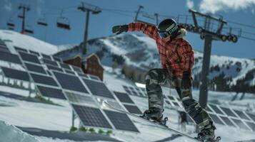 A snowboarder performing tricks in a terrain park that is entirely powered by solar energy. Multiple solar panels line the structures and power the lifts to get riders back to the top photo