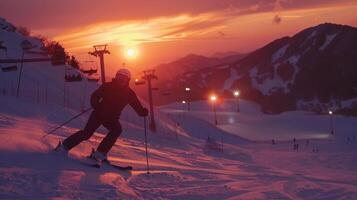 A skier gliding down the mountain at sunset with solarpowered floodlights lining the run behind them. The resort offers night skiing thanks to their use of solar energy photo