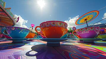 A colorful tea cup ride spins powered by solar panels hidden on the roof of the rides structure photo