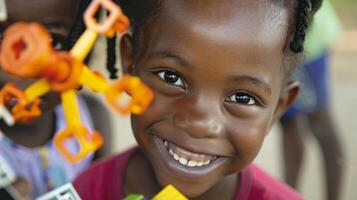 A child smiling and playing with a solarpowered toy provided by the recovery center photo