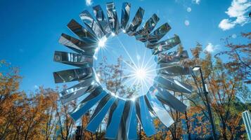 A giant rotating sunburst made of metal and glass standing tall in a public square and powered entirely by solar energy photo
