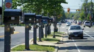 A busy street corner featuring a group of solarpowered mailboxes each one equipped with a notification system that alerts owners when they receive mail photo