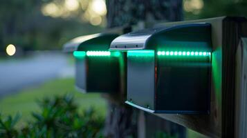 An upclose shot of a solarpowered mailboxs notification system displaying the bright green light that turns on when new mail is received photo