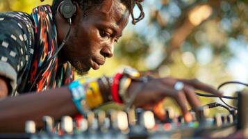 A beatboxer creating complex and energetic beats through the use of a solarpowered sound system showing that sustainable energy can also fuel creativity photo