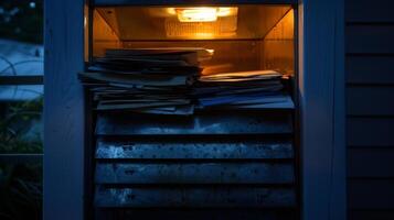 A stack of envelopes inside a mailbox illuminated by the solarpowered light above highlighting the mail waiting to be read photo