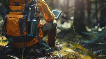 A backpacker using a solarpowered generator to recharge their devices while on a long trek photo