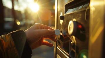 A person inserting coins into a solarpowered parking meter with the sunlight shining down on them photo