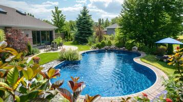 A lush green backyard with a solarpowered swimming pool p strategically in the center maximizing sun exposure for optimal energy efficiency photo