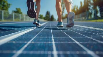 A couple running side by side on a solarpowered jogging track with solar panels lining the sides and providing a scenic backdrop photo