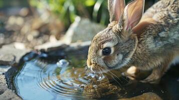 A bunny drinking from the clean and clear water of a solarpowered fountain benefiting both the environment and wildlife photo