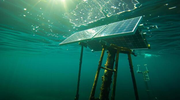 An underwater shot of a solar panel array on the base of an offshore oil rig showing the potential for utilizing renewable energy even in the depths of the ocean photo