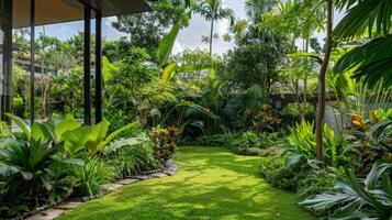 A lush green garden surrounds the house with a variety of native plants and trees photo