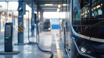 An electric bus enters the depot automatically connecting to the solarpowered charging station without emitting any harmful emissions photo