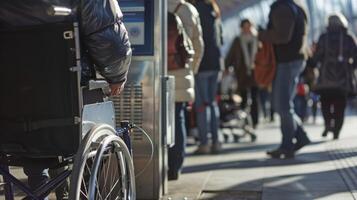 At a crowded train station a wheelchair user quickly charges their device at a solarpowered station conveniently located near the entrance photo