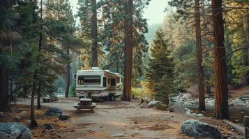 An RV parked in the middle of a peaceful forest with a solarpowered ice maker keeping drinks and food chilled photo