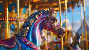 A colorful carousel with its vibrant horses spinning around powered by solar energy creating a whimsical atmosphere photo