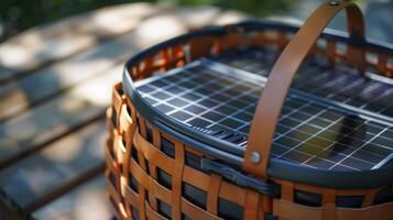 A modern picnic basket with a discreet solar panel integrated into the design making it effortless to charge devices onthego photo