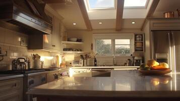 A kitchen illuminated by natural light from skylights a feature easily controlled by a solarpowered automation system photo
