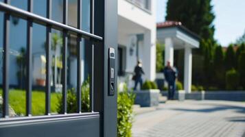 A family entering their home through a solarpowered automated gate with a security keypad photo