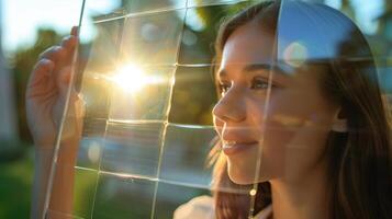 A woman holding up a flexible solar panel to the sun with its lightweight and compact design making it easy to transport photo