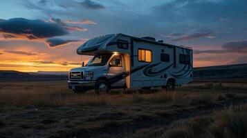 As dusk falls the RVs solarpowered lights switch on creating a cozy and inviting atmosphere inside for its occupants photo