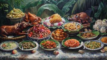 A realistic oil painting of a traditional island feast with a variety of dishes on display including roasted pig taro pudding and banana fritters photo