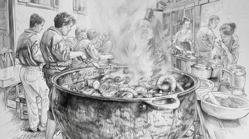A detailed pencil drawing of a family gathered around a large pot of steaming seafood stew eager to enjoy a meal together using an old family recipe photo