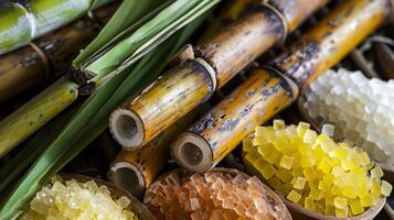 A closeup shot of a display of sugar cane stalks es and other ingredients used to give rum its distinct flavor photo