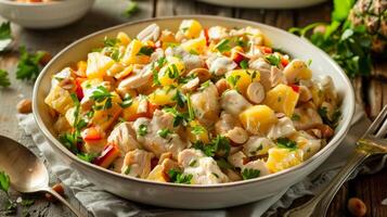A tropical chicken salad with chunks of pineapple crunchy macadamia nuts and a creamy dressing photo
