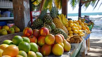 A refreshing break from the sun at the beach fruit stand offering an array of tropical flavors photo