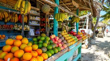 A charming beach fruit stand serving up the freshest most colorful fruits around photo