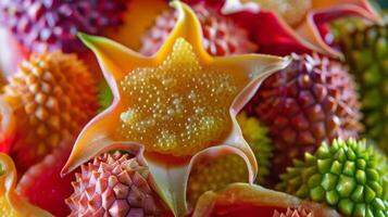 A dazzling fruit basket sculpture made from a mix of exotic fruits like starfruit jackfruit and lychee creating a feast for the eyes photo