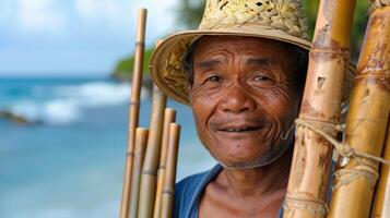 A fisherman proudly displays his locally crafted bamboo s which allow for selective fishing and reduce the impact on the surrounding marine life photo