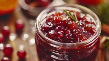 A jar filled with sweet and tangy tropical fruit chutney a preservation technique often used for creating delicious spreads photo