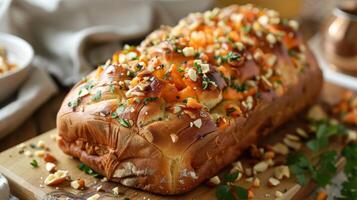 A loaf of bread bursting with diced papaya and toasted macadamia nuts creating a unique and flavorful combination photo