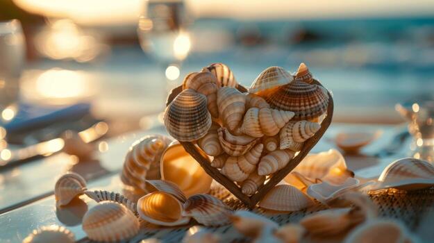 A heart made of seashells is a charming addition to the table adding a touch of sentimentality to the couples already lovefilled proposal photo
