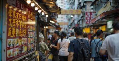 A sign advertising authentic local cuisine with a long line of tourists forming outside while locals pass by without a second glance photo