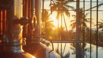 The sun sets on the tropical distillery creating a stunning backdrop for a final tasting of the days featured spirits photo