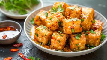 A fiery passion fruit and chili sauce served over crispy fried tofu creating a bold and tropical flavor combination photo