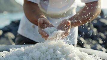 With the islands famous volcano in the background a chef shows viewers how to make a unique volcanic rock salt using local salt gathered from the volcano itself adding a burst of flavo photo