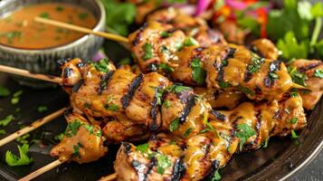 A platter of skewered chicken satay with a coconutbased peanut sauce for dipping photo