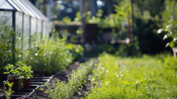 A small greenhouse can be seen in the distance where delicate herbs and es are protected and cultivated before being planted in the garden photo
